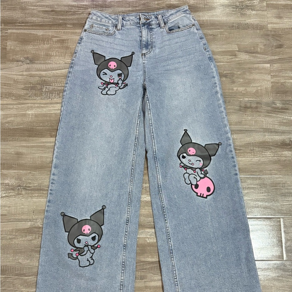 ! NEW ! Super Cute Oversized Sanrio Kuromi Light Blue Graphic Women Jean pants